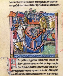 Fr 2630 f.111v Dekk blir blokkert av den venetianske flåten og beleiret av korsfarerridderskapet, fra Estoire d